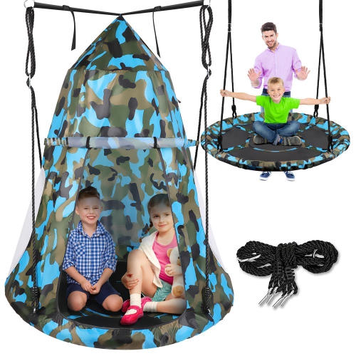 Serene Life Kids Hanging Tent Saucer Swing - Detachable Cover, Giant Hammock Nest Pod, Circular Flying Set - Cushion Padded Metal Frame for Outdoor