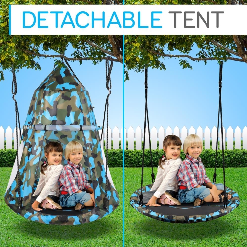 Serene Life Kids Hanging Tent Saucer Swing - Detachable Cover, Giant Hammock Nest Pod, Circular Flying Set - Cushion Padded Metal Frame for Outdoor
