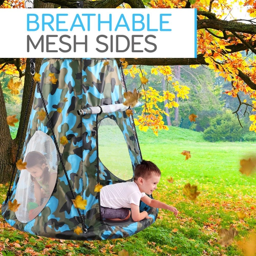 Serene Life Kids Hanging Tent Saucer Swing - Detachable Cover, Giant Hammock Nest Pod, Circular Flying Set - Cushion Padded Metal Frame for Outdoor