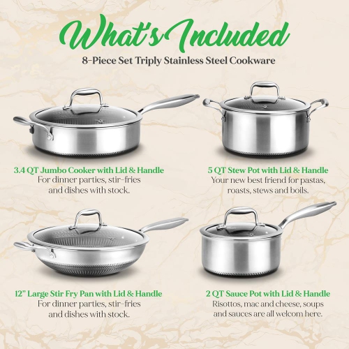 Kitchenware Pots & Pans Set - Triply Stainless Steel Cookware, Non-Stick Coating Inside and Outside