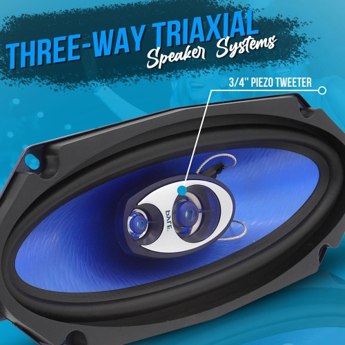 Three-Way Sound Speaker System - One Pair 4'' x 10'' Three-Way Triaxial Loud Audio, 300 Watts w/ 4 Ohm Impedance and 3/4'' Piezo Tweeter for Car