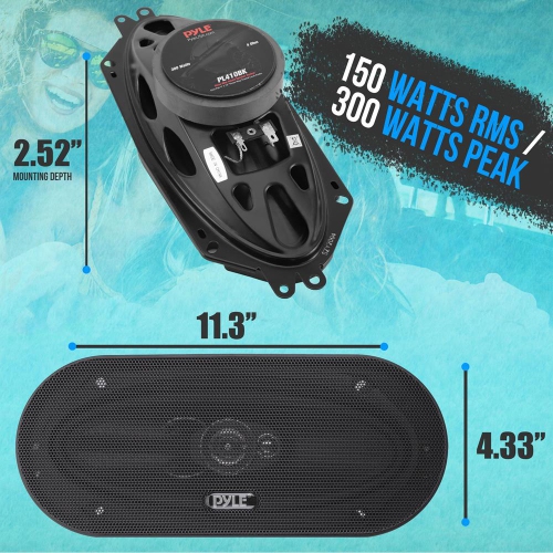 Three-Way Sound Speaker System - One Pair 4'' x 10'' Three-Way Triaxial Loud Audio, 300 Watts w/ 4 Ohm Impedance and 3/4'' Piezo Tweeter for Car