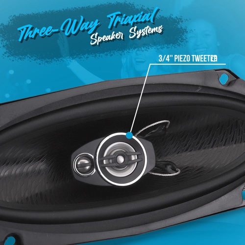 Three-Way Sound Speaker System - One Pair 4'' x 10'' Three-Way Triaxial Loud Audio, 300 Watts w/ 4 Ohm Impedance and 3/4'' Piezo Tweeter for Car