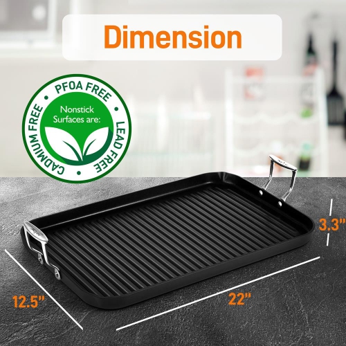 Hard-Anodized Nonstick Grill & Griddle - Dishwasher Safe Nonstick Double Burner Grill Cookware, 20’’ x 13’’ -inches