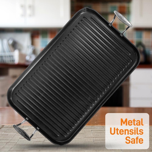 Hard-Anodized Nonstick Grill & Griddle - Dishwasher Safe Nonstick Double Burner Grill Cookware, 20’’ x 13’’ -inches