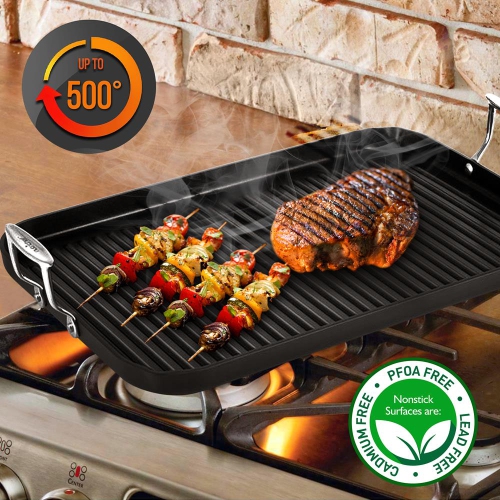 Hard-Anodized Nonstick Grill & Griddle - Dishwasher Safe Nonstick Double Burner Grill Cookware, 20’’ x 13’’ -inches