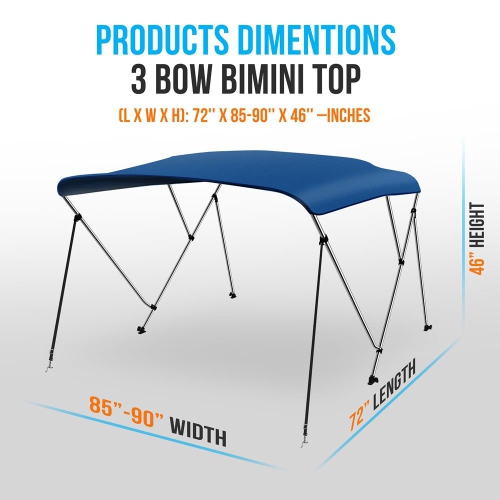 3 Bow Bimini Top - 2 Straps and 2 Rear Support Poles with Marine-Grade 600D Polyester Canvas