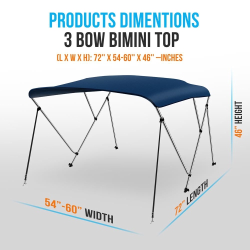 3 Bow Bimini Top - 2 Straps and 2 Rear Support Poles with Marine-Grade 600D Polyester Canvas