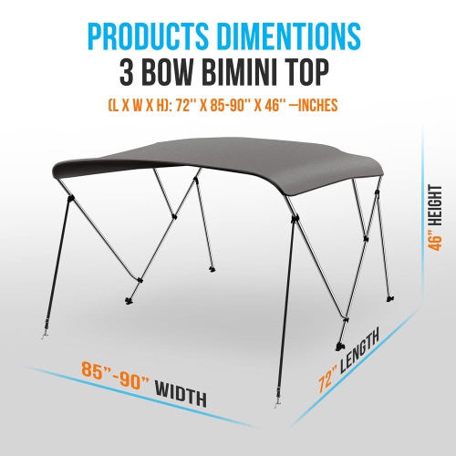 3 Bow Bimini Top - 2 Straps and 2 Rear Support Poles with Marine-Grade 600D Polyester Canvas