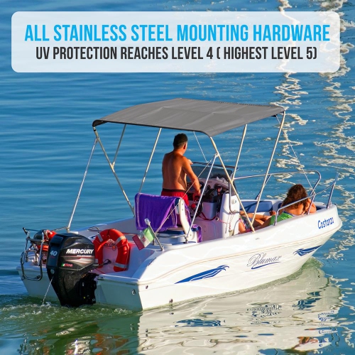 3 Bow Bimini Top - 2 Straps and 2 Rear Support Poles with Marine-Grade 600D Polyester Canvas