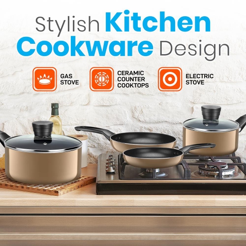 Kitchenware Pots & Pans Set – Basic Kitchen Cookware, Black Non-Stick Coating Inside, Heat Resistant Lacquer