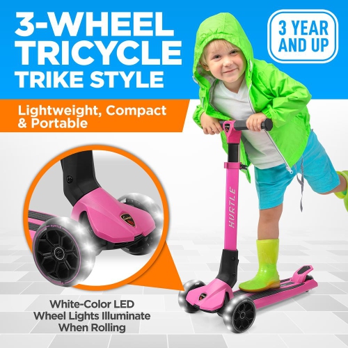 3-Wheel Foldable Kids Scooter - Child Toy Scooter with Built-in LED Wheel Lights, Easy Maneuvering Lean-to-Steer Technology