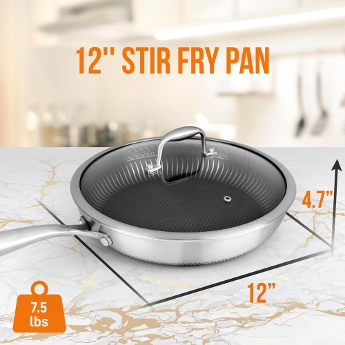 12'' Stir Fry Pan with Glass Lid - Triply Stainless Steel Cookware, DAKIN Etching Non-Stick Coating Inside and Outside