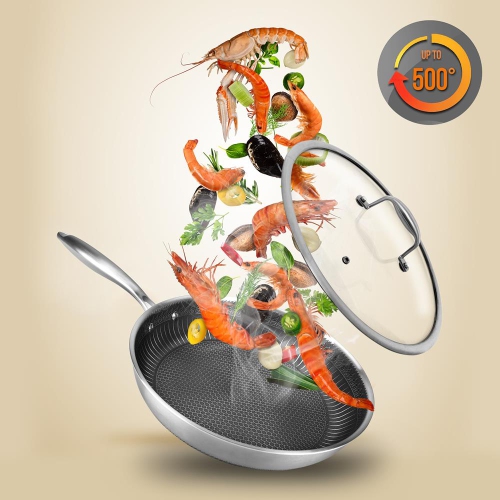 12'' Stir Fry Pan with Glass Lid - Triply Stainless Steel Cookware, DAKIN Etching Non-Stick Coating Inside and Outside
