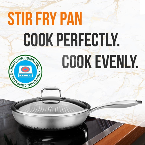 12'' Stir Fry Pan with Glass Lid - Triply Stainless Steel Cookware, DAKIN Etching Non-Stick Coating Inside and Outside