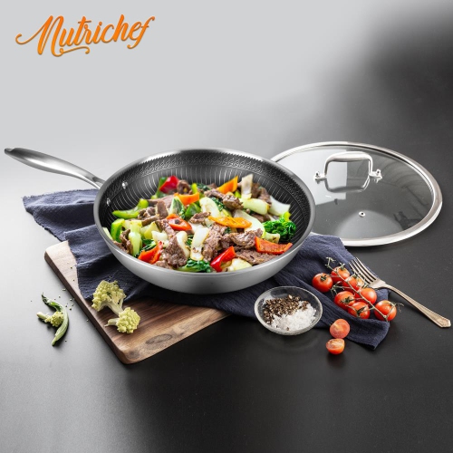 12'' Stir Fry Pan with Glass Lid - Triply Stainless Steel Cookware, DAKIN Etching Non-Stick Coating Inside and Outside
