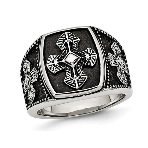 Bague homme à croix texturée antique en acier inoxydable