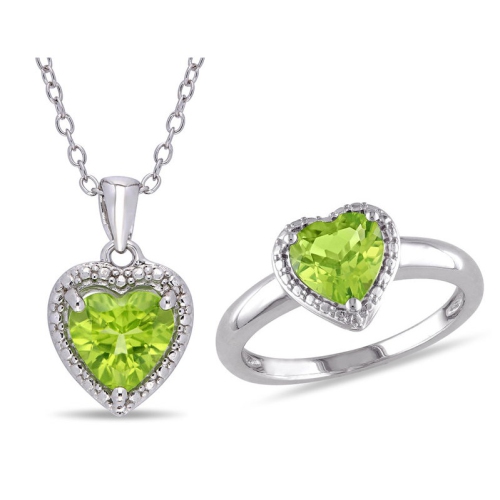 Image 1 of 4.. 2.66 Carat Peridot Heart-Cut Ring and Pendant Set in Sterling Silver