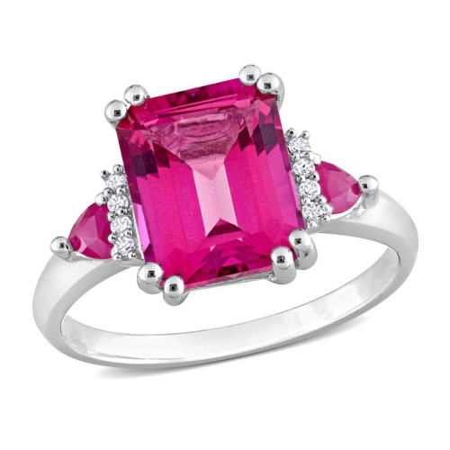 GEM AND HARMONY  4.50 Carat (Ctw) Topaz And Ruby Three Stone Ring In Sterling Silver In Pink