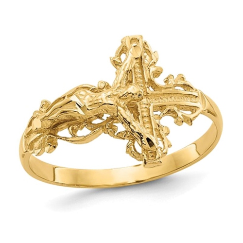 Ladies 14K Yellow Gold Diamond-cut Crucifix Cross Ring