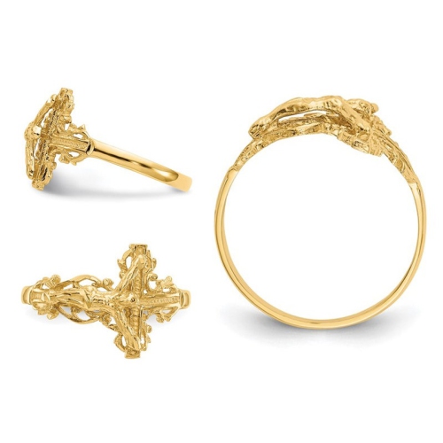 Ladies 14K Yellow Gold Diamond-cut Crucifix Cross Ring