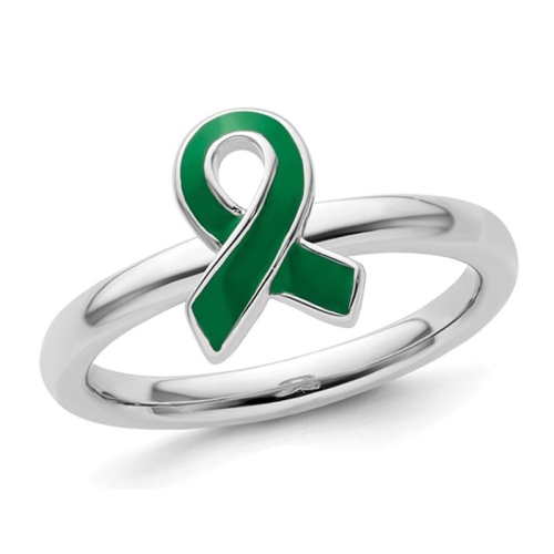 GEM AND HARMONY  Sterling Silver Enameled Awareness Ribbon Ring In Green