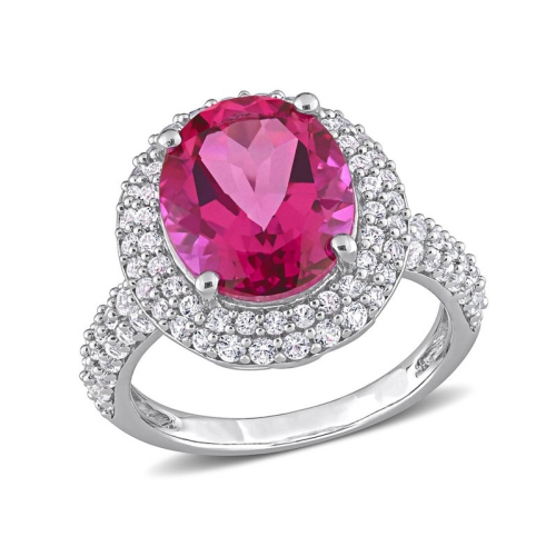 GEM AND HARMONY  7.14 Carat (Ctw) Pink Topaz And Sapphire Halo Ring In Sterling Silver In White