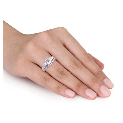 1 1/3 Carat Lab-Created White Sapphire with Diamond Bridal Wedding Set Engagement Ring in 10K White Gold