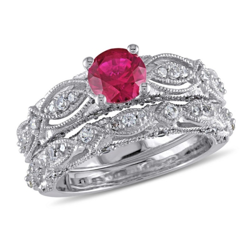 Gem And Harmony 1.70 Carat ctw Lab Created Ruby and White Sapphire Wedding Ring Engagement Set 10K White Gold with Diamonds 4