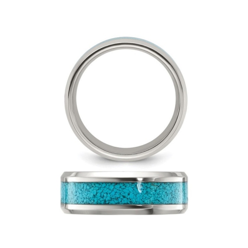 Bague homme en titane poli avec incrustation turquoise