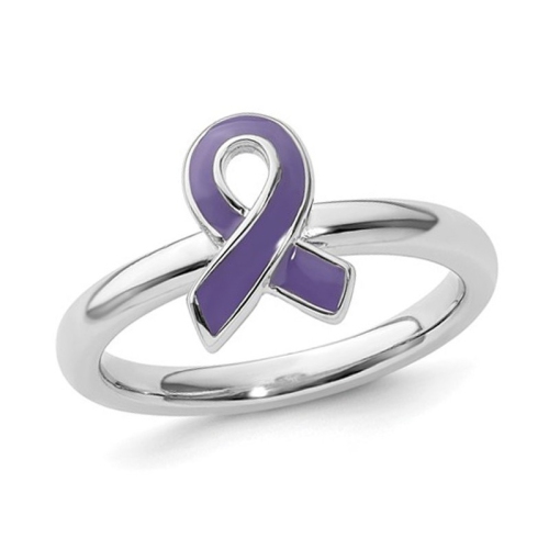 GEM AND HARMONY  Sterling Purple Enameled Awareness Ribbon Ring In Silver