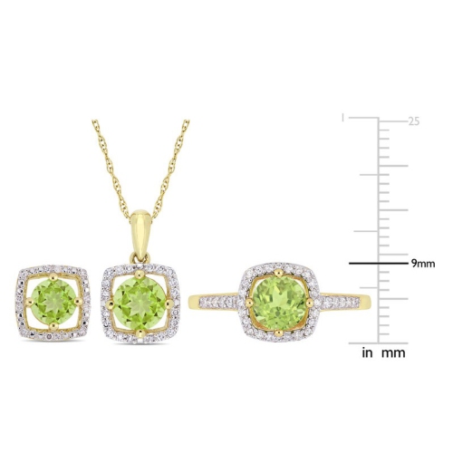 Bague, pendentif et boucles d'oreilles en or jaune 10K ct avec coeur péridot 2,96&nbsp;carat