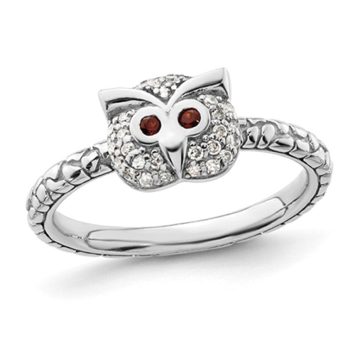 GEM AND HARMONY  1/8 Carat (Ctw) Diamond Owl Ring In Sterling With Garnet Eyes In Silver