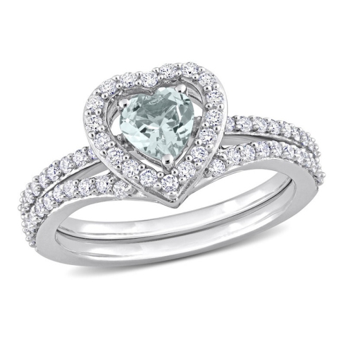 GEM AND HARMONY  1/3 Carat (Ctw) Aquamarine Engagement Ring & Wedding Band Set 10K Gold With Diamonds In White