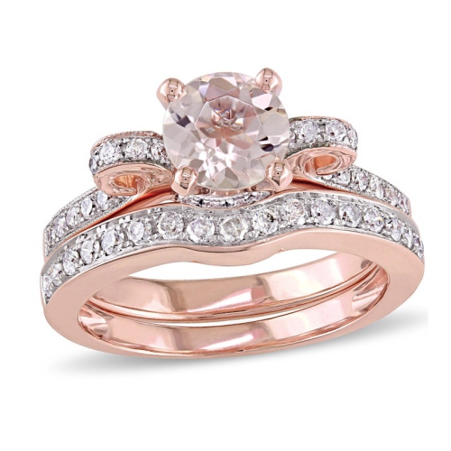 GEM AND HARMONY  4/5 Carat (Ctw) Morganite And Diamond Engagement Ring Bridal Wedding Set 14K Gold In Pink