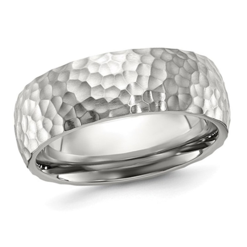 Mens Stainless Steel Polished Hammered Band Ring