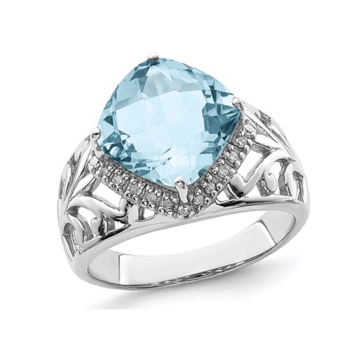 GEM AND HARMONY  5.50 Carat (Ctw) Cushion-Cut Topaz Ring In Sterling Silver With Diamonds In Sky Blue