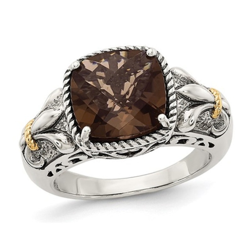 GEM AND HARMONY  3.10 Carat (Ctw) Cushion-Cut Smoky Quartz Ring In Antiqued Sterling In Silver