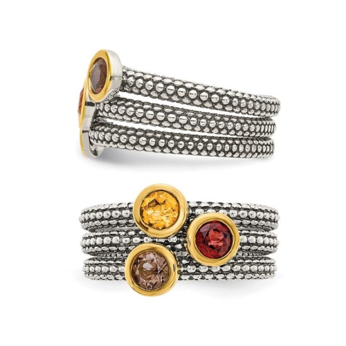 Bague en argent sterling avec citrine 2/3 carat, grenat, quartz fumé