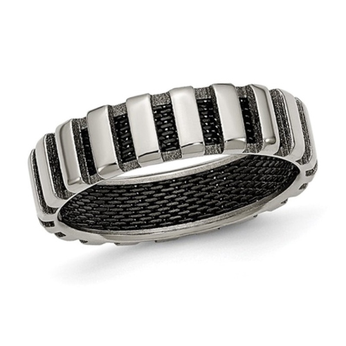 GEM AND HARMONY  Mens Titanium Polished Plated Wire Band Ring (6Mm) In Black