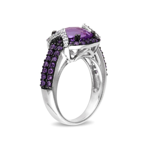 3.34 Carat Amethyst Halo Ring with Diamonds Accents in Sterling Silver
