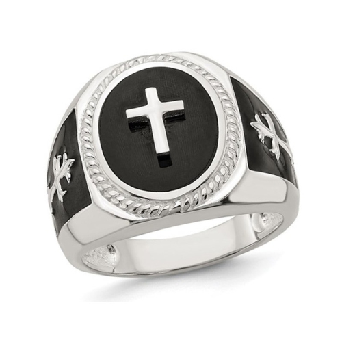Mens Sterling Silver Black Agate Ring Cross Ring