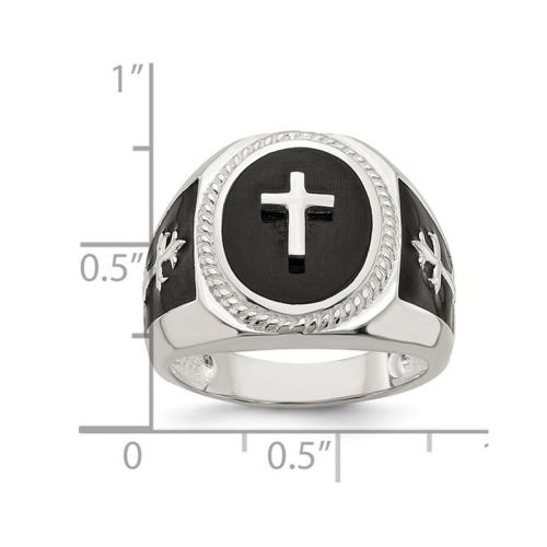 Mens Sterling Silver Black Agate Ring Cross Ring