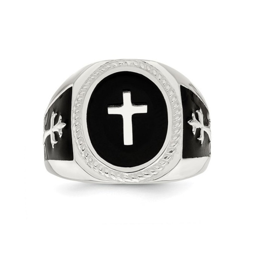 Mens Sterling Silver Black Agate Ring Cross Ring
