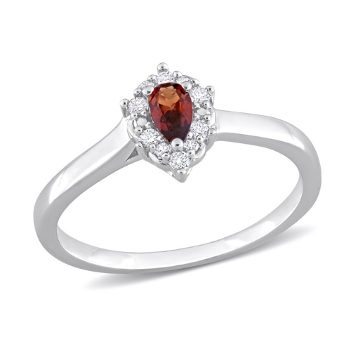 GEM AND HARMONY  1/4 Carat (Ctw) Garnet Halo Drop Ring In Sterling With Diamonds In Silver