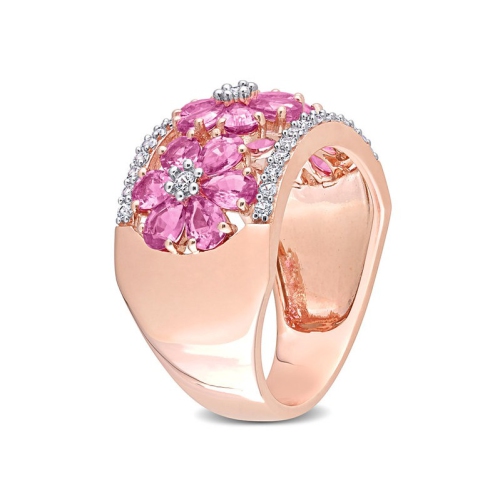 Bague en or rose 14K ct avec fleur en saphir rose et blanc d'3,92 carat