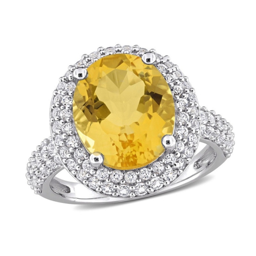GEM AND HARMONY  5.64 Carat (Ctw) Citrine And Topaz Halo Ring In Sterling Silver In White