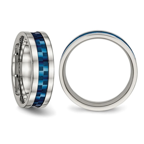 Bague homme ou femme à damiers en acier inoxydable plaqué IP bleu