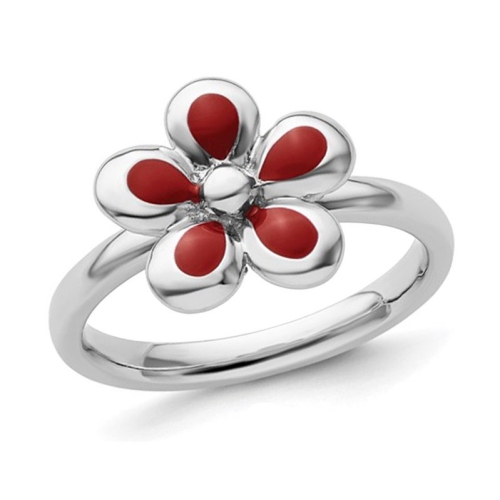 GEM AND HARMONY  Sterling Silver Flower Ring With Enamel In Red