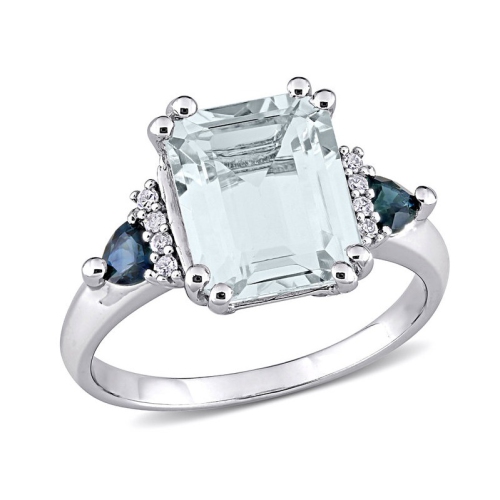 GEM AND HARMONY  3 1/3 Carat (Ctw) Aquamarine And Sapphire Ring In Sterling Silver With Accent Diamonds In Blue